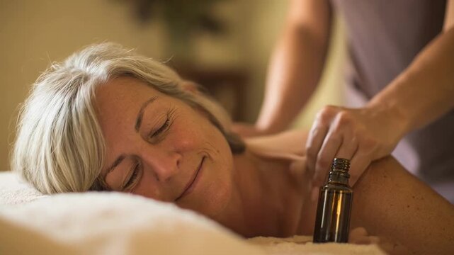 A therapist uses aromatherapy oils during a mobile massage enhancing relaxation and wellness with soothing scents in a tranquil setting.