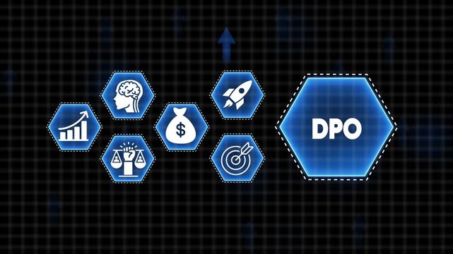Data Protection Officer DPO concept with icons for growth, brain, money, justice, target and rocket