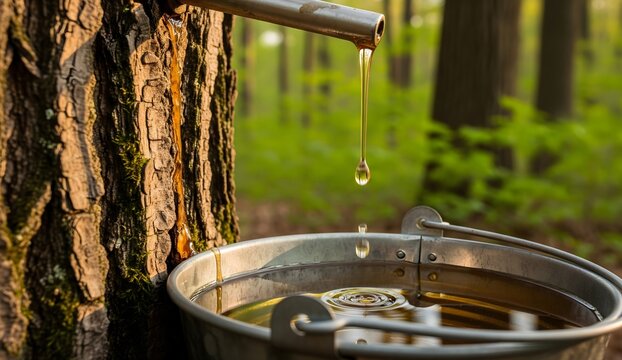 Close-up of golden maple sap dripping from a spile into a metal bucket, capturing the freshness and natural process in soft sunlight.