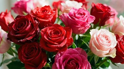 Fototapeta premium Fresh Red and Pink Roses Bouquet with Water Drops