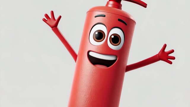 A cheerful cartoon fire extinguisher with a smiling face and raised arms on gray background