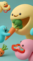 Naklejka premium Cute 3D Characters Eating Vegetables: Funny Visual Metaphor for Fiber, Digestion and Healthy Bowel Movements