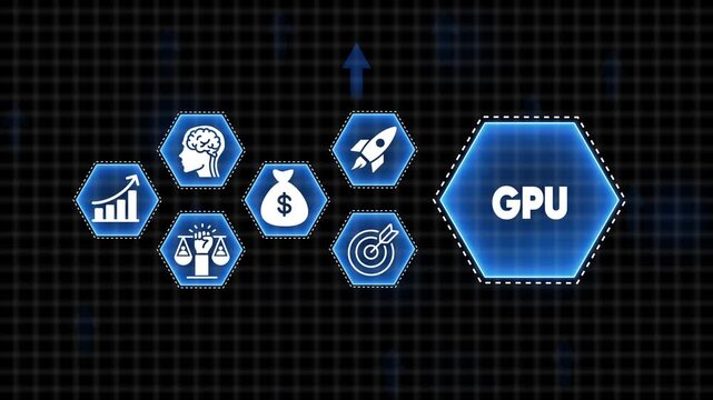 Digital graphic with icons representing GPU and business concepts on a dark grid background Graphics Processing Unit