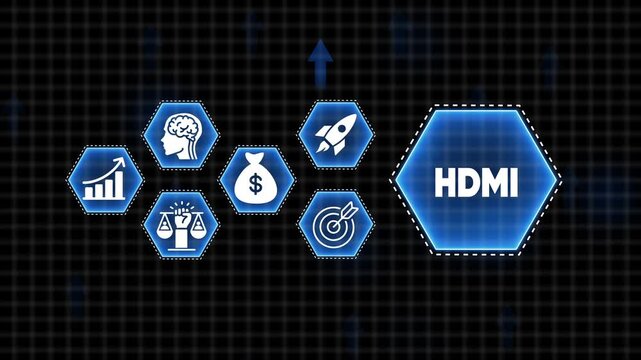 Digital technology concept with icons for growth, brain, money, justice, target, and rocket, with HDMI text