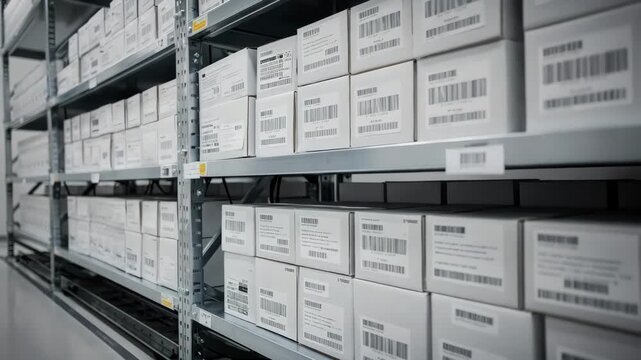 Medium shot of climatecontrolled compact shelving with neatly stacked boxed artifacts and visible barcodes main object sharply focused against blurred background racks.