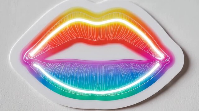 Vibrant rainbow colored lips with neon light effect on white background