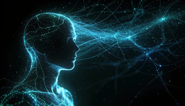 Artificial intelligence digital human neural network data stream cyberspace technology hologram blue profile connection, glowing face head silhouette, flowing particle line, futuristic mind link