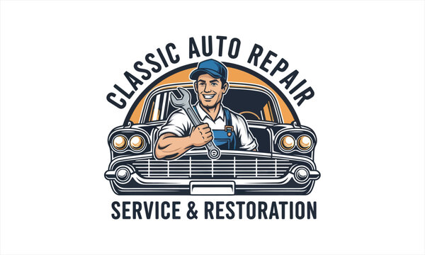 Classic Auto Repair Service and Restoration Logo with Mechanic.