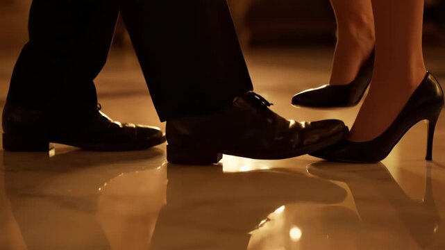 Close-up of a couple dancing on a polished marble floor. Man in dress shoes and woman in high heels interacting. Elegant romance and formal event concept
