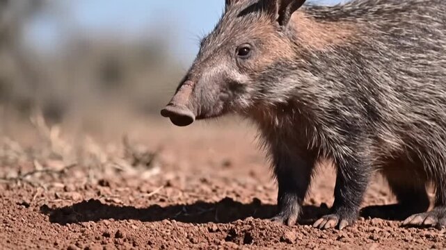 Aardvark digging for food in dry red soil outdoors