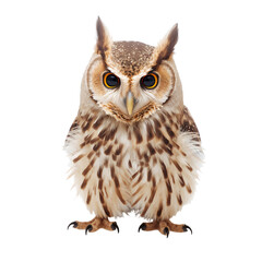 Obraz premium Owl With Large Eyes Stands on a White Background Looking Straight Ahead in a Studio Setting During Daylight