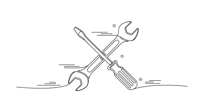 Minimalist line art of crossed wrench and screwdriver on white background, no editable stroke