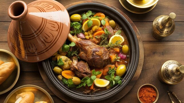 Delicious traditional moroccan lamb tagine seen from above

