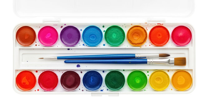 Watercolor paint set with brushes isolated PNG, vibrant colors in palette for artistic painting and creative projects on transparent background