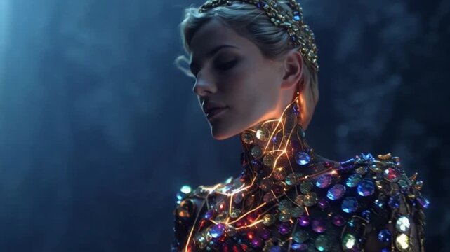 G&ouml;ttliche Juwelenk&ouml;nigin &ndash; Erhabene Fantasy-Figur im mystischen Licht