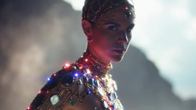 G&ouml;ttliche Juwelenk&ouml;nigin &ndash; Erhabene Fantasy-Figur im mystischen Licht