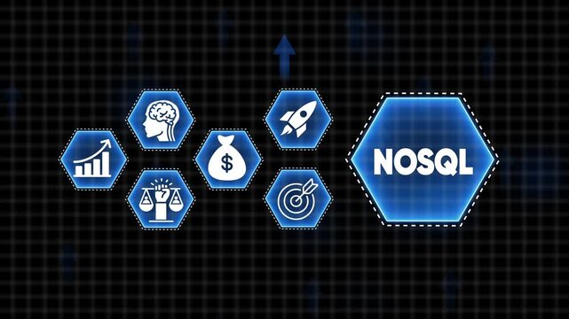 Digital technology concept with NOSQL text and business icons in hexagons on a dark grid background