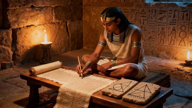 Historical Female Scribe Creating Rituals On Papyrus With Mathematical Notes