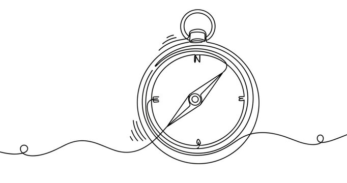 Simple black and white line drawing of a compass with a continuous line. No editable strokes