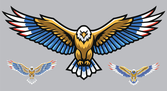Majestic stylized eagle mascot design featuring wide outstretched wings and vibrant blue feather accents perfect for sports teams