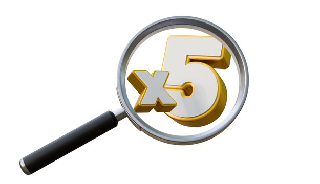 Magnifying glass with x5 symbol on a isolated background. Special offer x5. Discount, sale, and promotion concept.