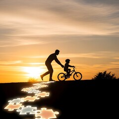 Obraz premium Father helping child ride a bicycle on a path of glowing puzzle pieces at sunset, symbolizing support, learning, and a journey towards goals.