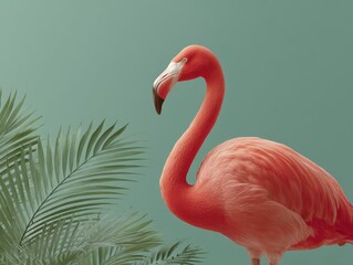 Fototapeta premium Elegant Pink Flamingo Stands Amidst Lush Tropical Foliage, Capturing Natural Beauty and Exotic Wildlife Serenity.