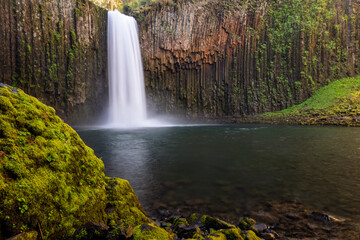 Fototapeta premium A vertical view of Abiqua Falls plunging into a pool, surrounded by unique hexagonal basalt columns and lush green moss in Scotts Mills, Oregon.