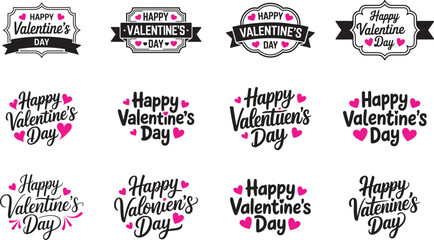 Fototapeta premium Happy Valentine's Day Badge Collection - Vintage and Modern Label Set for Greeting Cards, Stickers and Gift Tags - Black and White Typography Design Bundle for Romantic Celebration 