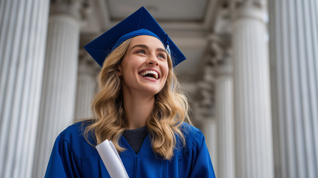 Happy woman graduate in blue cap and gown stands before university columns holding diploma. Academic achievement concept.