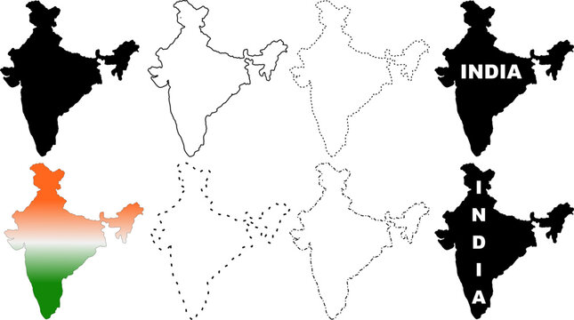 Set of various India map silhouettes including outlines and tricolor designs. India map Vector, illustration 