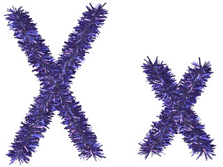 Shiny purple tinsel in letter X. 3d rendering.