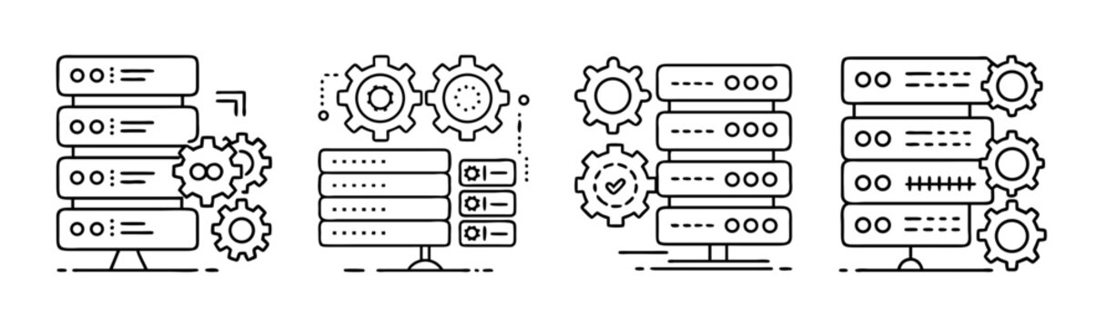 Backend server icons with gears and code symbols representing IT infrastructure.