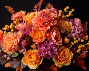 Obraz premium A Fall Thanksgiving Bouquet. A seasonal arrangement of warm, colorful flowers for a festive centerpiece.