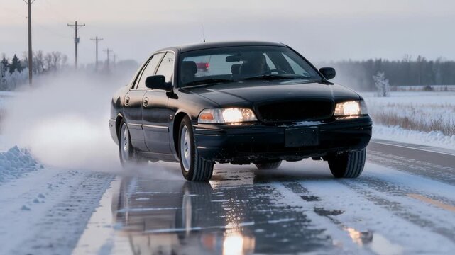 Vehicle Races Under Flashing Police Illumination In Icy Wilderness