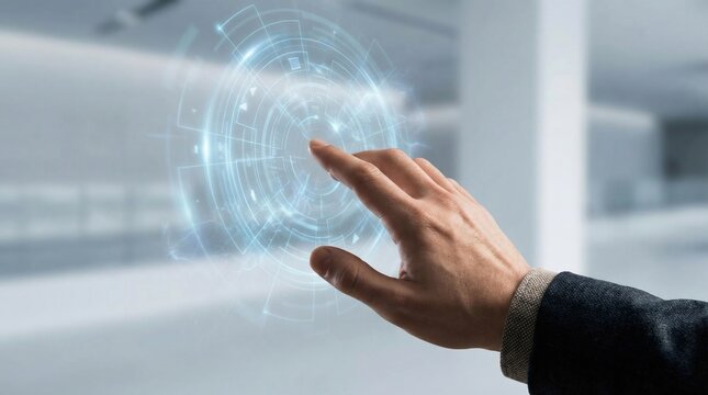Man touching virtual screen with digital interface. Innovative technology concept for business interaction and future user experience.