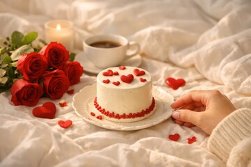 Naklejka premium Romantic Valentine’s Day Breakfast in Bed with Heart Cake, Coffee, and Red Roses
