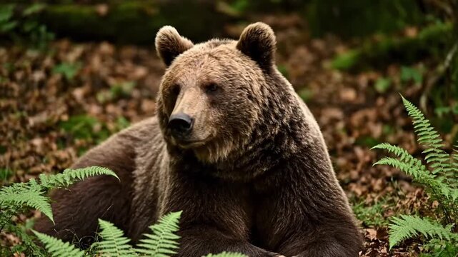 Brown bear resting in a forest surrounded by ferns and foliage.