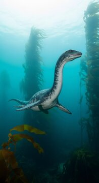 Long neck sea dinosaur swimming underwater. Ancient plesiosaur in prehistoric ocean with marine life. Paleontology and paleozoology concept for education.