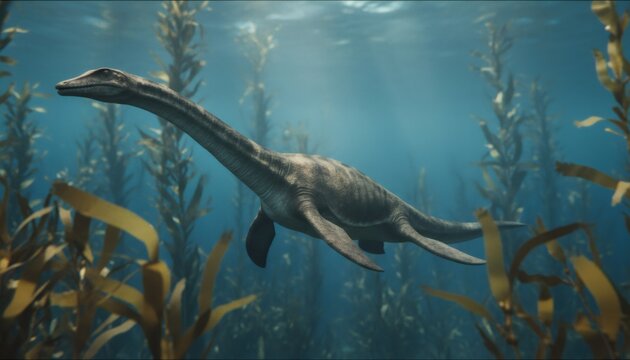 Ancient plesiosaur swimming underwater near a kelp forest. Prehistoric marine reptile in natural habitat for paleontology and education.