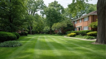 Serene Residential Landscape with Lush Green Lawn, Mature Trees, and Charming Brick Homes Surrounded by Vibrant Foliage Under Clear Blue Sky