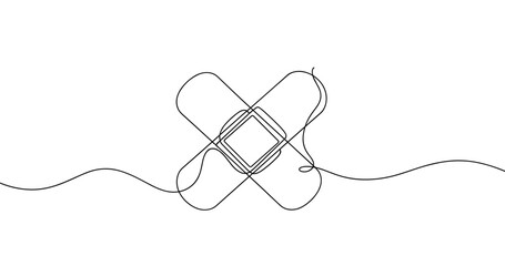 Fototapeta premium Minimalist continuous line art of two overlapping bandages on white background. No editable stroke