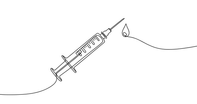 Outline drawing of syringe with droplet on needle tip. No editable stroke