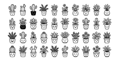 Obraz premium Hand Drawn Potted Plants Succulents Cacti Doodle Collection Indoor Houseplant Line Art Sketch Set Botanical Greenery Icons for Home Office Decor and Garden Design Elements