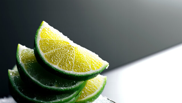 Fresh lime wedges stacked with water droplets on dark background and copy space