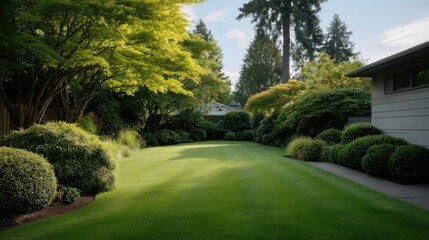 Fototapeta premium Serene and Lush Green Lawn Surrounded by Vibrant Shrubs and Trees in a Tranquil Garden Setting Under a Clear Blue Sky