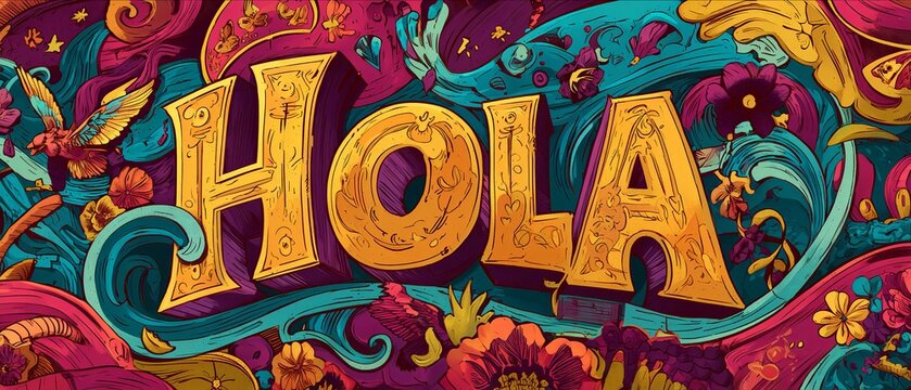 Bold "HOLA" text pops in golden letters against a colorful, splattered backdrop. The energetic design radiates cultural vibrancy and celebration.