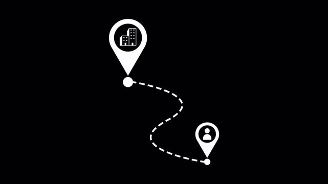 Animated GPS Route Between Two Locations with Moving Map Pin, Dashed Path on City Map, Transparent Background