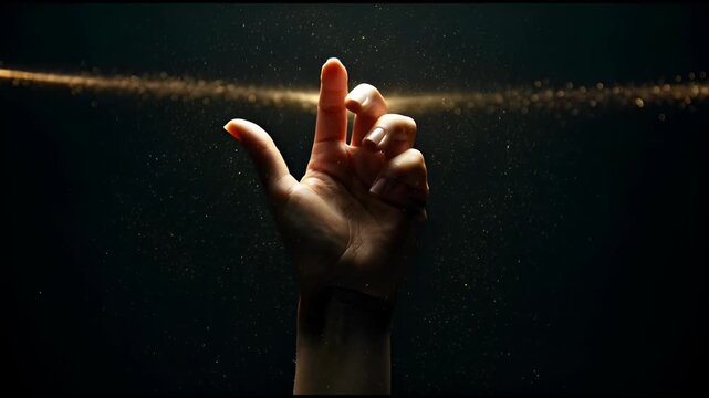 A dramatic close-up of a hand rising from darkness, surrounded by glowing golden particles, performing subtle gestures under focused light.