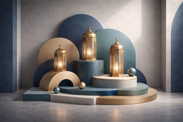 Golden Ramadan Lanterns on Abstract Geometric Background